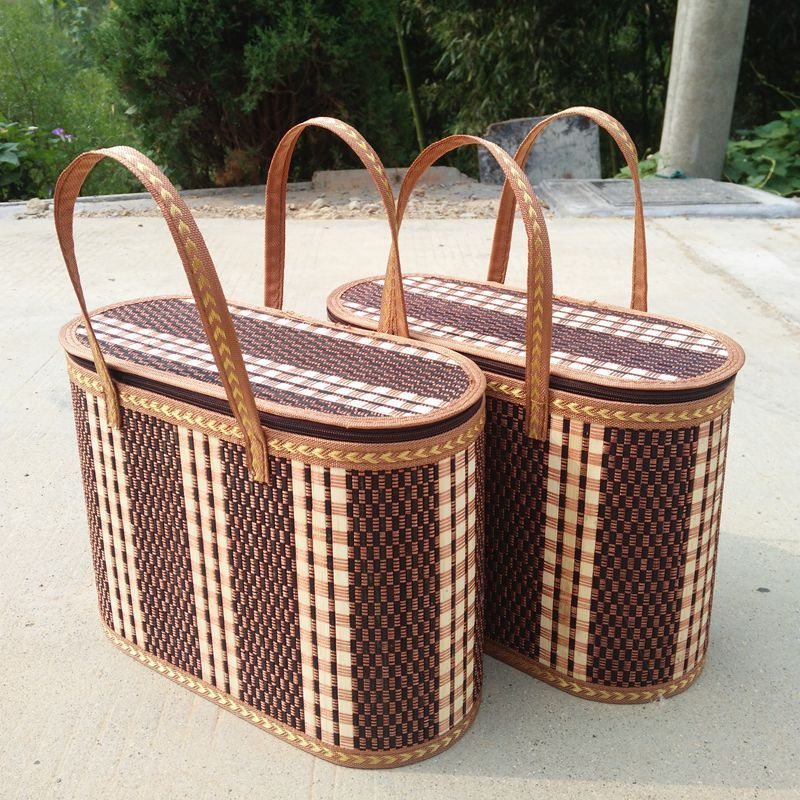 Woven Picnic Storage Basket with Fitted Checked Lid and Carry Handles, 14.17 x 6.3 x 10.24 Inches