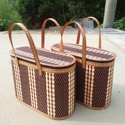Woven Picnic Storage Basket with Fitted Checked Lid and Carry Handles, 14.17 x 6.3 x 10.24 Inches