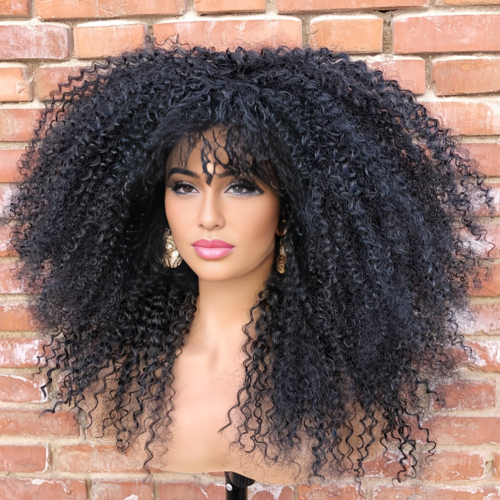 Synthetic Wig 18-Inch Kinky Curly Afro with Full Bangs, Glueless Straps and Combs for Costume Styling