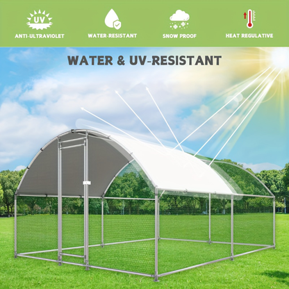 Walk-In Metal Poultry Enclosure in Six Size Options with Mesh Walls, Door and Partial Roof Cover