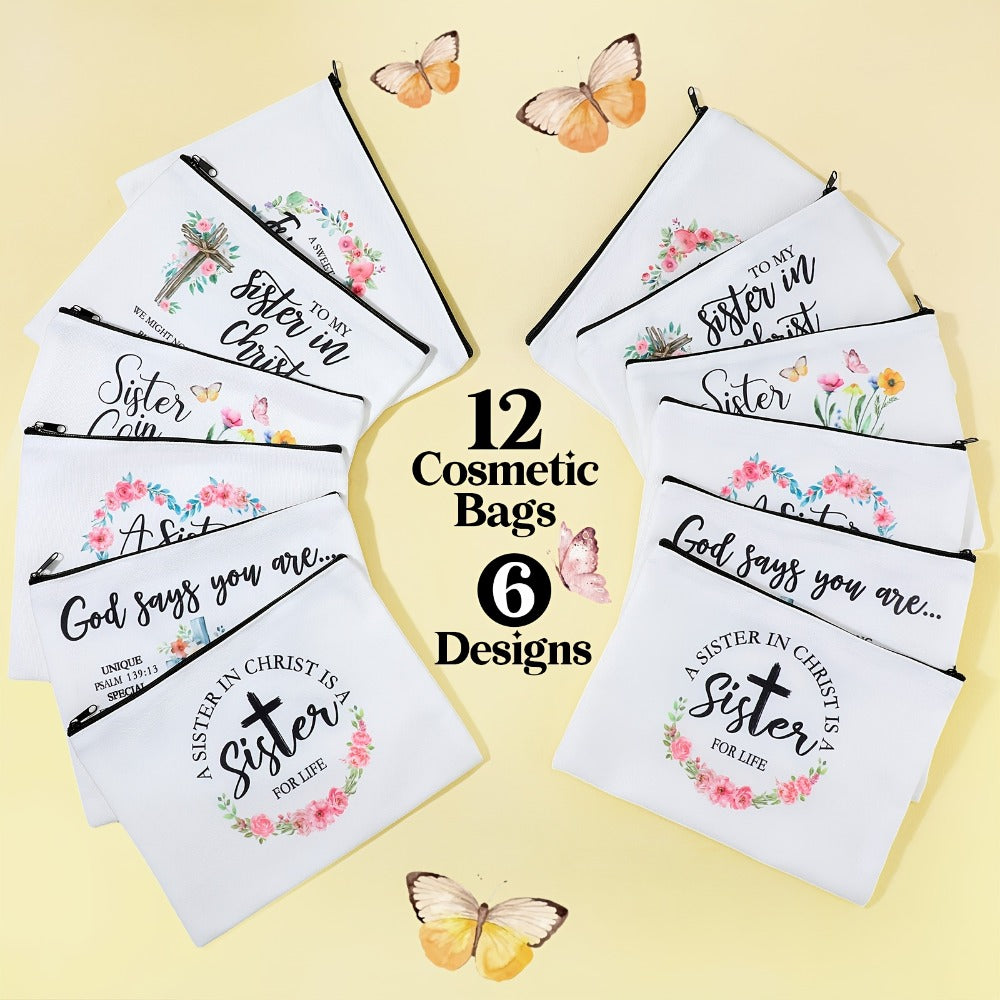 Twelve-Piece Faith-Themed Makeup Bag Set with Six Printed Designs, Mixed Colors and Black Zippers