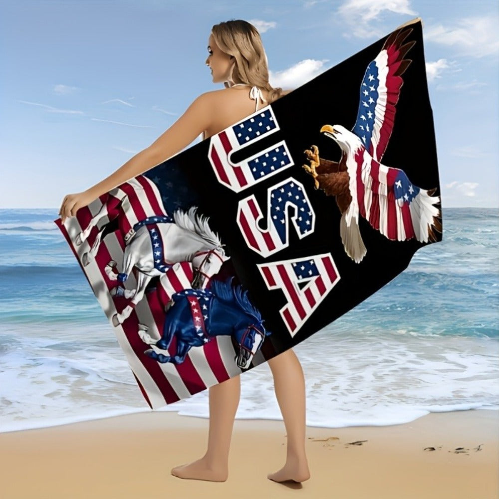 Patriotic Eagle and USA Beach Towel, 29 x 58 Inches, Lightweight Design for Pool, Swimming and Travel