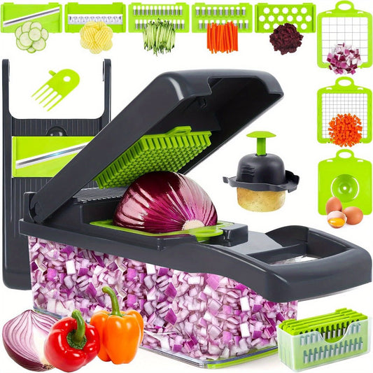 Vegetable Chopper 16-in-1 Manual Food Chopper Set – 8 Interchangeable Blades with Container, Grater & Strainer – Professional Onion Slicer & Dicer for Carrots, Garlic & Salad Kitchen Prep