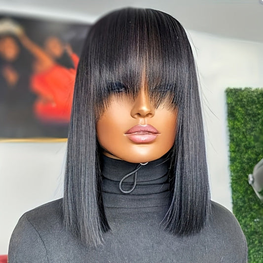 Human Hair Wig with Bangs 250% Density Straight Full Machine Made Rose Net Cap Natural Black 10-18 Inch | Daily Wear Party Festival Women
