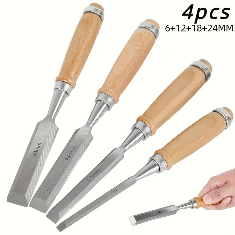 Wood Chisel Set 4pcs – CR-V Steel Woodworking Chisels 6/12/18/24mm, Professional Wood Carving & Carpentry Hand Tools for Beginners and Experts