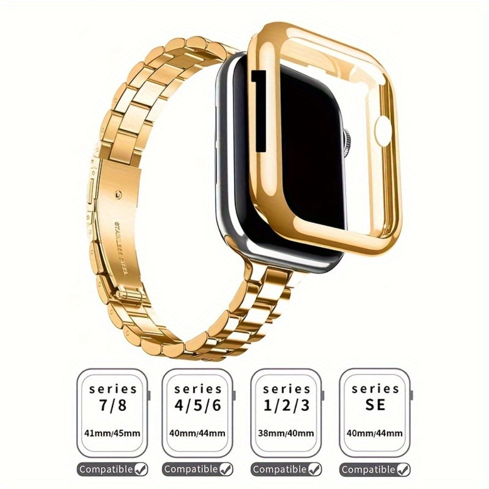 Slim Waist Apple Watch Steel Band & Half Shell Case 3-Piece Set – 2 Stainless Steel Bands + Protective Case Compatible with Apple Watch Series 1–9 SE Ultra 38 40 41 42 44 45 49mm – Gold Silver Rose Black