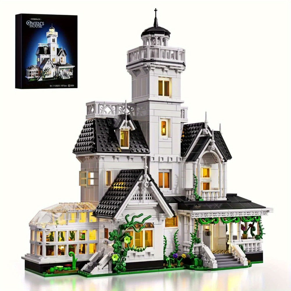 Building Block Set Owen's House with 1877 Pieces, Three-Level Tower, Porch, Conservatory and Lighting