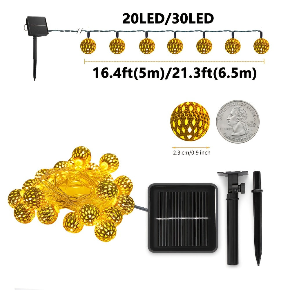 Moroccan Solar String Lights Outdoor - Metal Sphere Fairy Lights with 20/30/50 LED Beads, 8 Modes, IPX65 Waterproof | Boho Garden Lights for Patio, Lawn, Wedding, Christmas Tree & Party Decoration