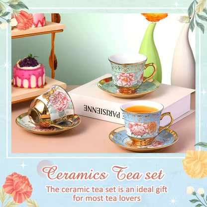 Twelve-Piece Floral Tea Cup and Saucer Set with Six 5.4-Ounce Cups and Six Matching Saucers