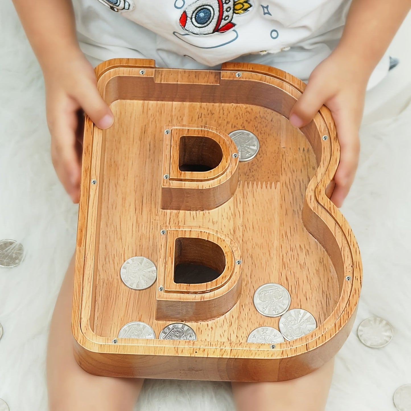Wooden Alphabet Letter Coin Bank with Clear Front Panel and 23 Fixed Initial Options for Display
