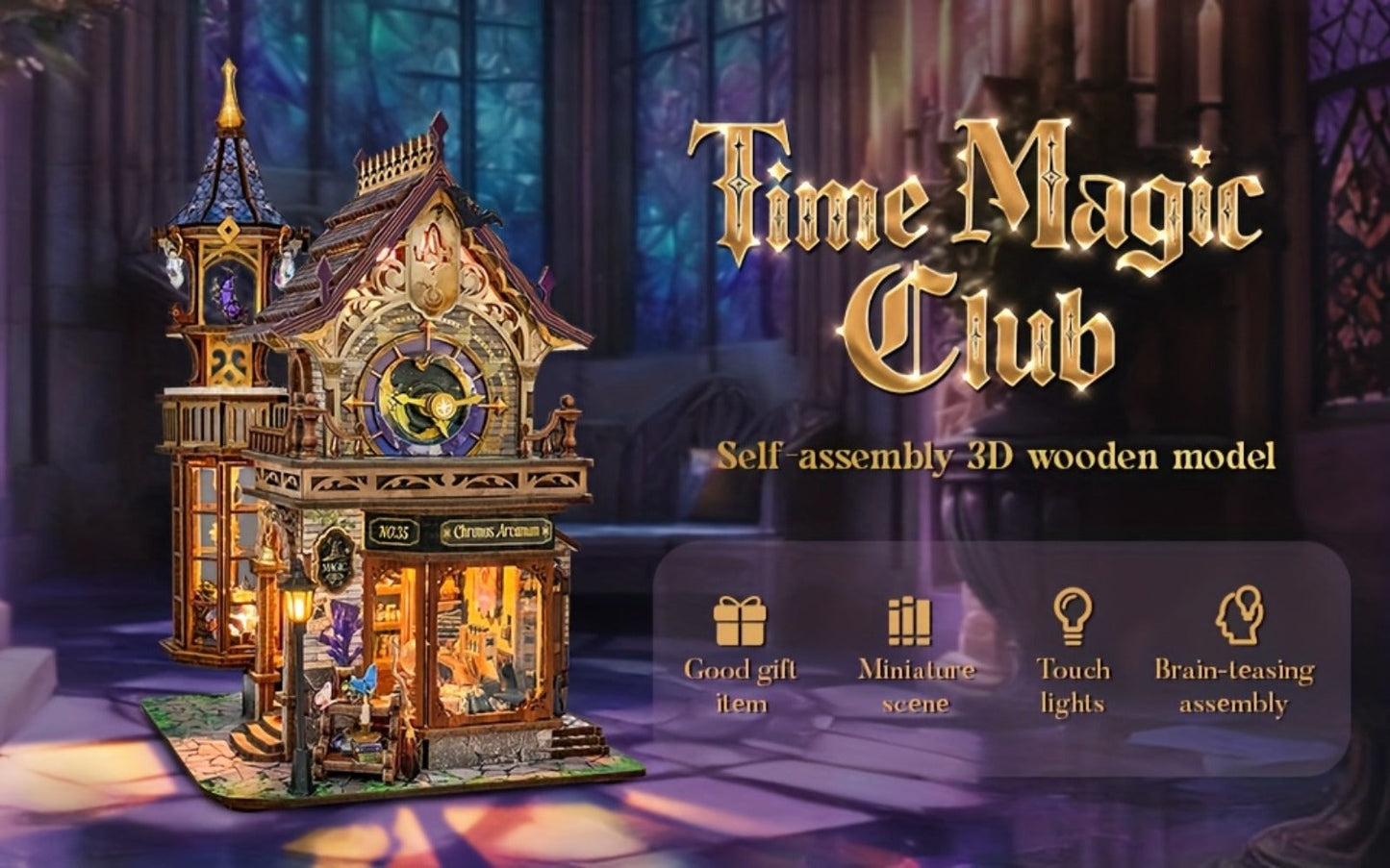 Time Magic Club SQ-71 Wooden Miniature Bookhouse Model Kit with Mechanical Link System for Ages 14+