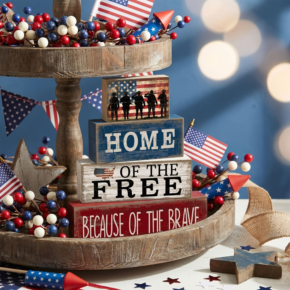 Home of the Free Patriotic Wooden Block Sign with Four-Tier Red, White and Blue Tabletop Design