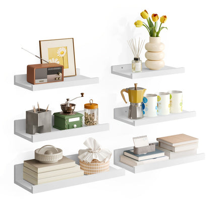 Six-Piece Wall Shelf Set in Graduated Sizes with White, Brown or Black Finish for Layered Displays