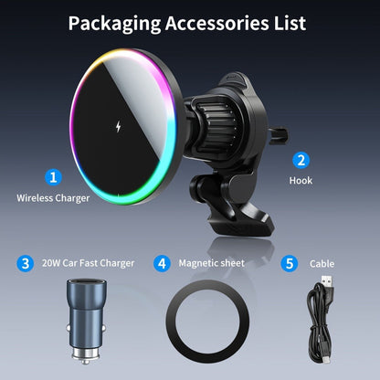 Wireless Car Charger with USB-C Adapter Included 15W Magnetic Vent Dashboard Phone Mount for iPhone 17 16 15 14 13 12 Pro Max, Samsung Galaxy S24 S23 S22, All Qi Android Phones – Black