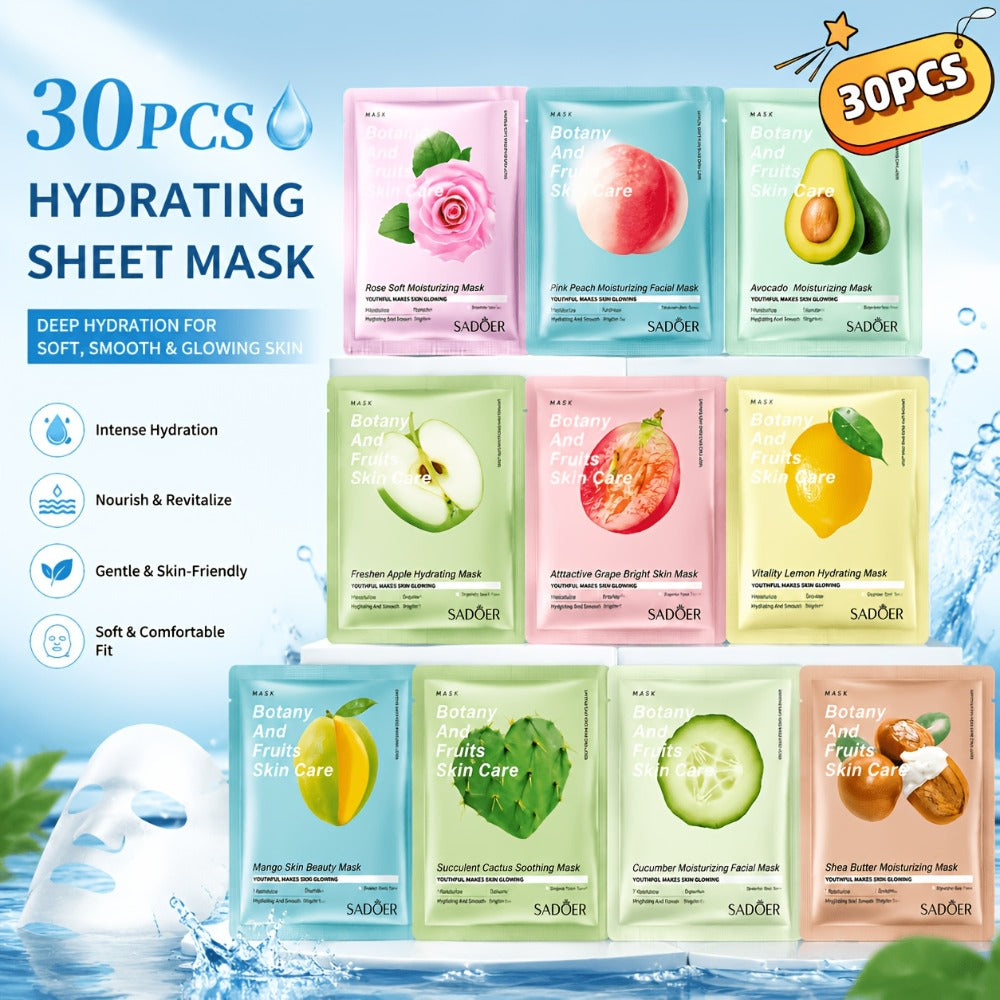 Thirty-Piece SADOER Sheet Mask Assortment with Individually Packed Fruit and Rose Pouch Labels
