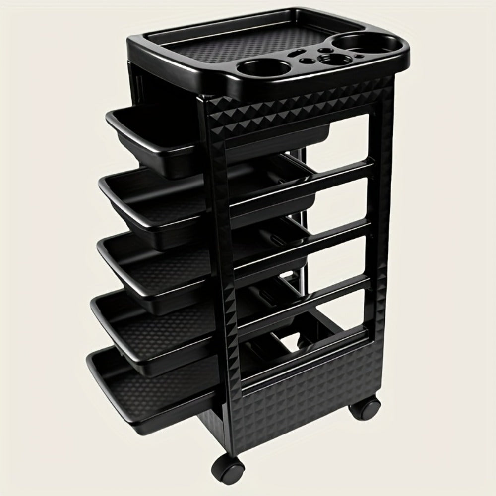 5-Drawer Salon Trolley Cart on Wheels - Professional ABS Rolling Beauty Storage Organizer for Hair Stylist Barber Spa Nail Tattoo Studio, 4 Swivel Casters, Stable Rack, Black