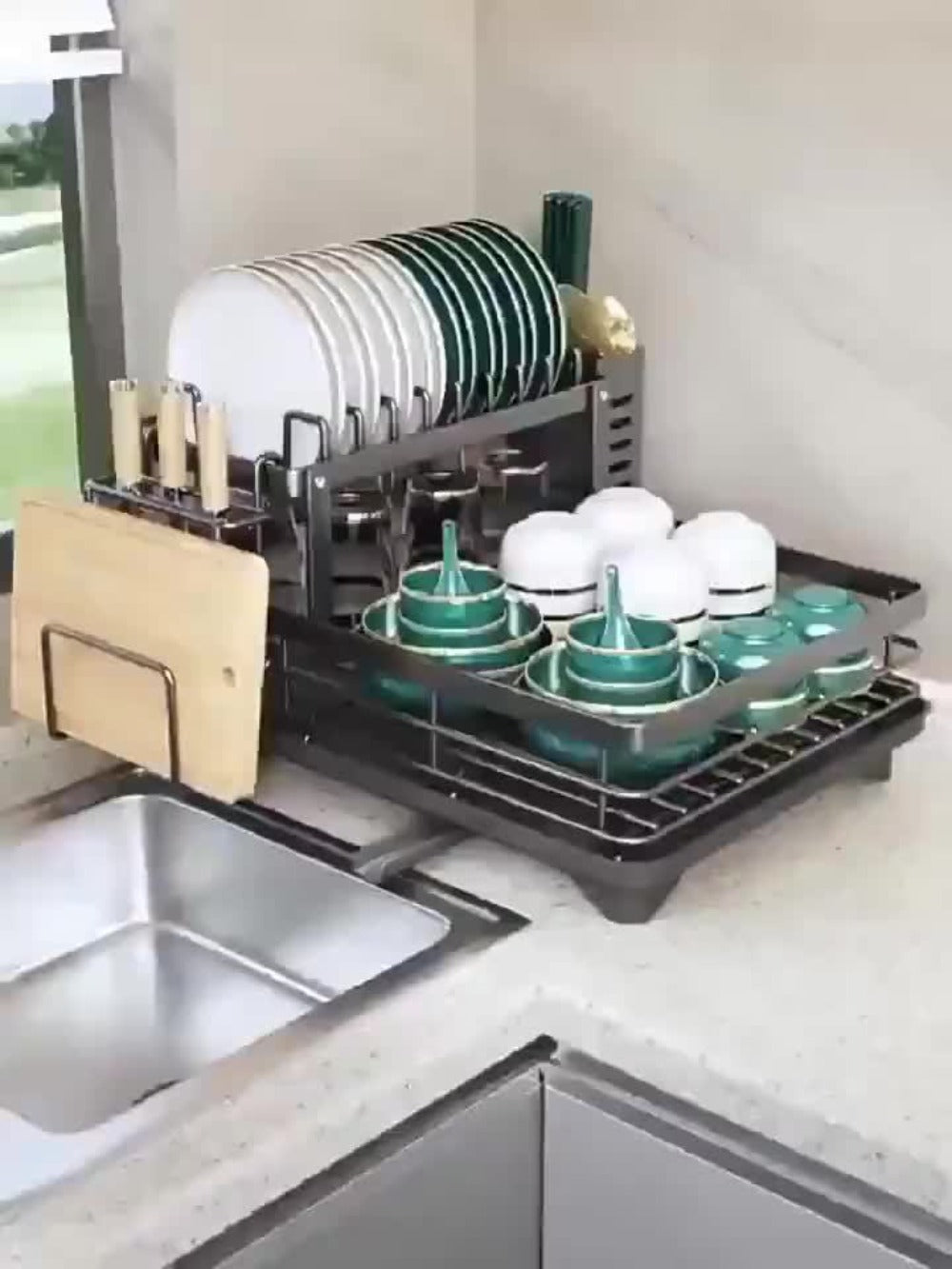 2-Tier Dish Drying Rack with Drainboard & Mat – Metal Dish Rack for Kitchen Counter with Knife Fork Cup Holder
