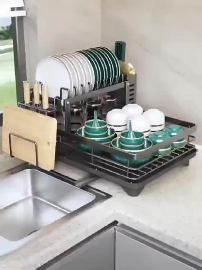 2-Tier Dish Drying Rack with Drainboard & Mat – Metal Dish Rack for Kitchen Counter with Knife Fork Cup Holder