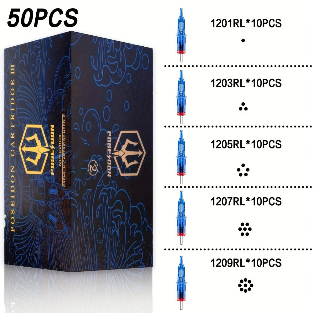 Tattoo Cartridge Needles with POSEIDON V3 Label, 50-Piece Mixed, RL-Only or RS-Only Pack Choices