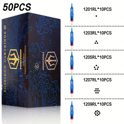 Tattoo Cartridge Needles with POSEIDON V3 Label, 50-Piece Mixed, RL-Only or RS-Only Pack Choices