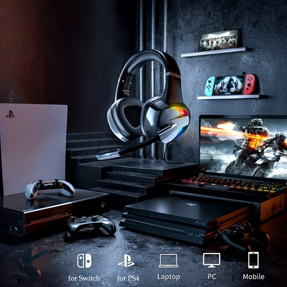Black Wired Gaming Headset with Boom Microphone, RGB-Style Earcup Lighting and Inline Cable Controls