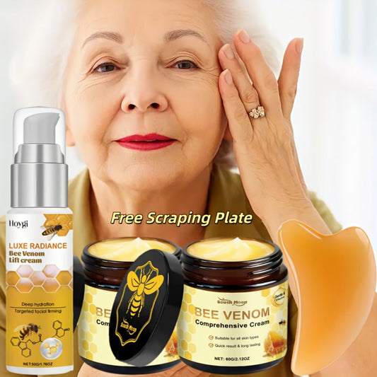 Bee Venom Skincare Set 3pcs with Gua Sha Board Collagen Honey Retinol Facial Lifting Firming Massage Cream Anti-Aging Face Neck Skin Care Kit for Women Luxury Gift
