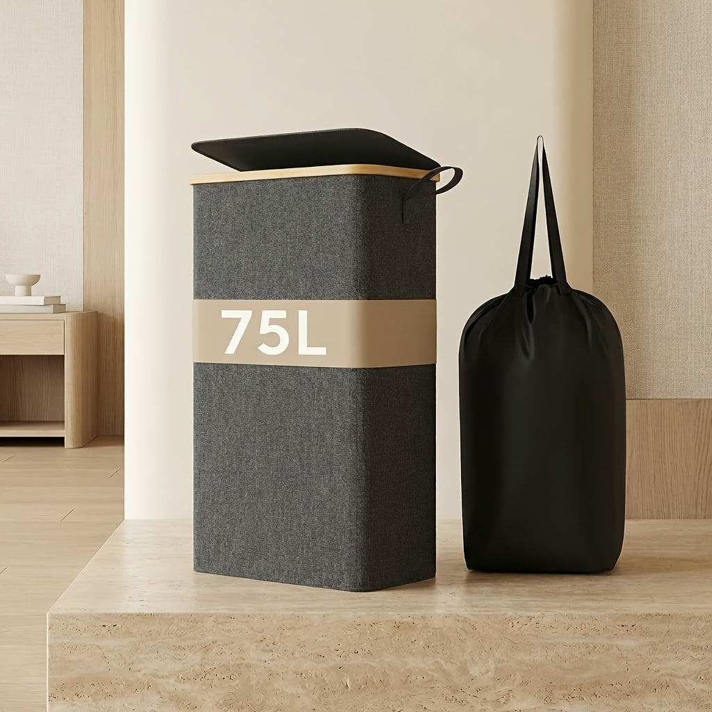 Slim Laundry Hamper with Lid & Removable Bag – Foldable Narrow Clothes Basket with Bamboo Handles for Bathroom, Bedroom & Dorm – 50L / 65L / 75L Space-Saving Collapsible Laundry Bin