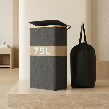 Slim Laundry Hamper with Lid & Removable Bag – Foldable Narrow Clothes Basket with Bamboo Handles for Bathroom, Bedroom & Dorm – 50L / 65L / 75L Space-Saving Collapsible Laundry Bin