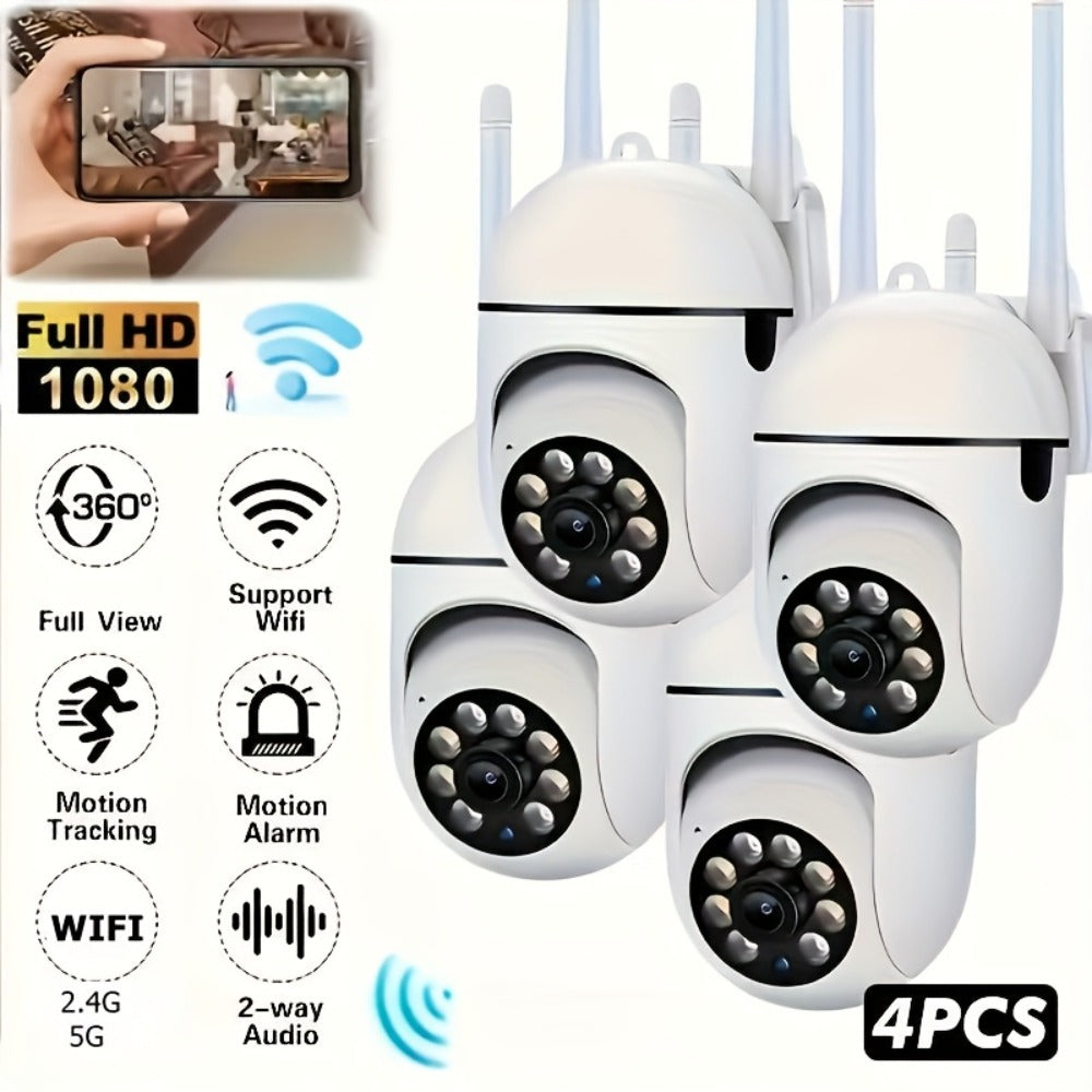 Outdoor WiFi Security Camera 4 Pack 1080P 5GHz - 360° Panorama PTZ, Smart PIR Motion Detection, Color Night Vision, Two-Way Audio, IP54, App Remote View for Home Indoor & Outdoor Surveillance