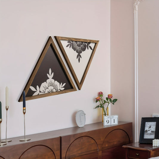 Boho Floral Wall Art Framed – Wooden Botanical Wall Decor with Black & White Geometric Triangles, Vintage Boho Style for Bedroom, Bathroom & Living Room Home Decoration