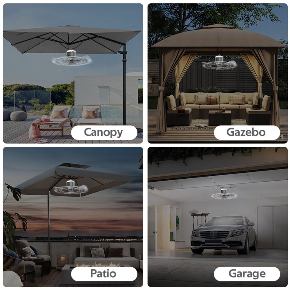 Hanging Camping Fan with 12000mAh Battery, Three Blades, Remote Control, LED Light and Timer Settings