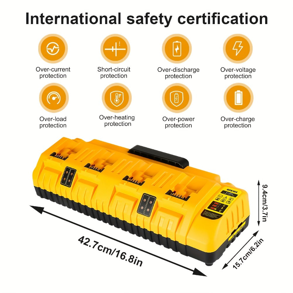 Four-Port Battery Charging Station Compatible with Select DeWalt 12V/20V Batteries, Two USB Ports and US Plug