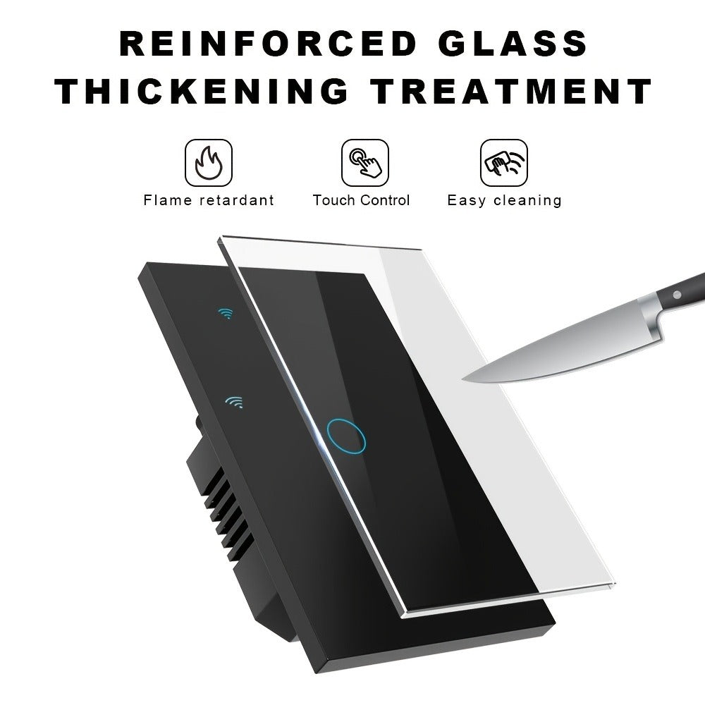 Black Glass WiFi Touch Wall Switch with One-, Two-, Three- or Four-Gang US-Style Options and Neutral-Wire Wiring