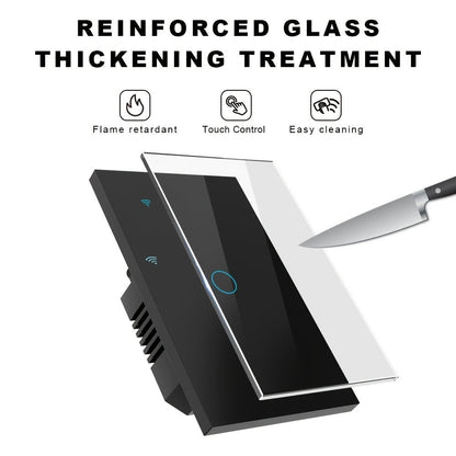 Black Glass WiFi Touch Wall Switch with One-, Two-, Three- or Four-Gang US-Style Options and Neutral-Wire Wiring