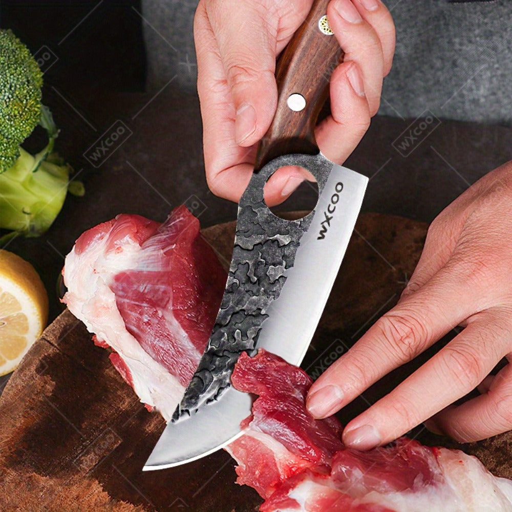 Viking Chef Knife Set 3/4pcs Hammered Stainless Steel Kitchen Knives – Boning, Utility & BBQ Knife with Wooden Handle for Cooking, Camping & Outdoor