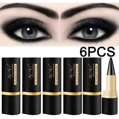 Compact Six-Piece Black Cone-Tip Eyeliner Pen Set with Six Matching Sticks in Black and Gold Cases