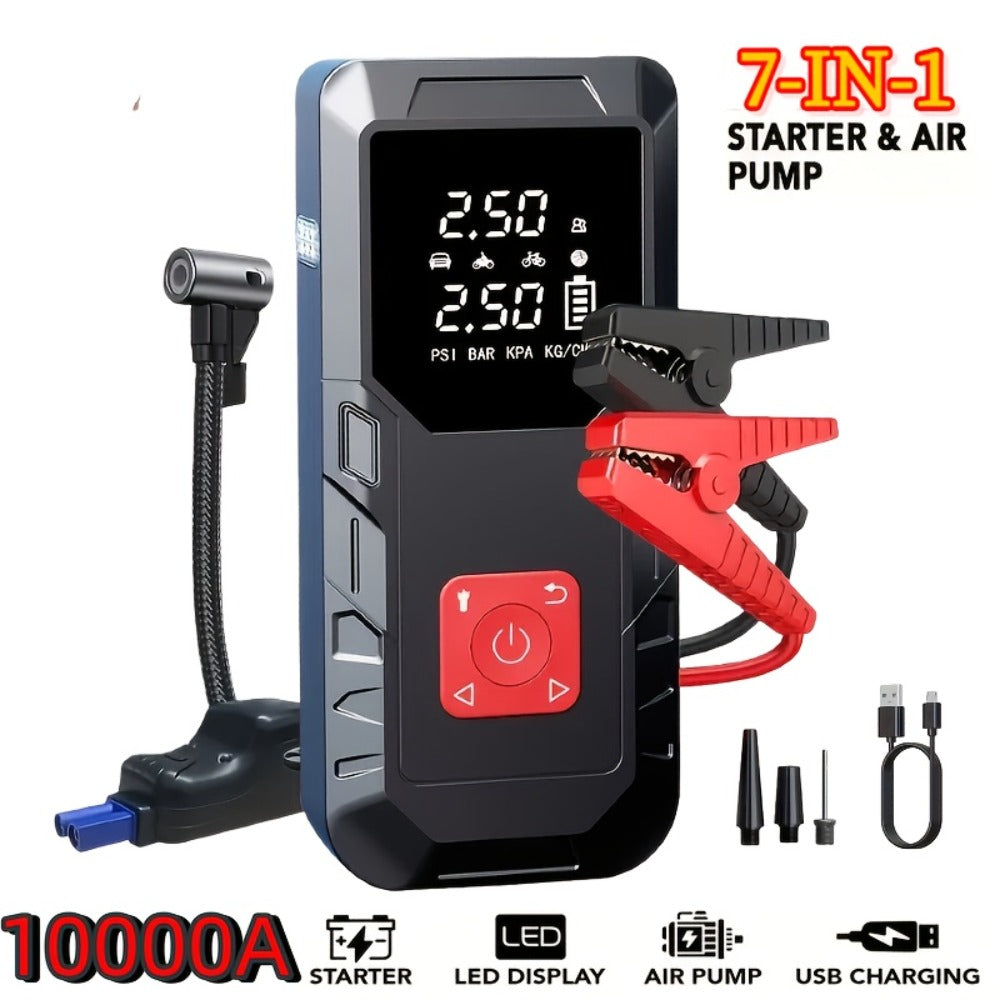 Portable Car Jump Starter 10000A – 9-in-1 Battery Booster with 350PSI Tire Inflator, LED Light, USB-C Fast Charging, Power Bank for 12V Gas & Diesel Vehicles, Emergency Car Tool