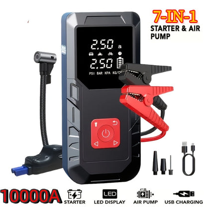 Portable Car Jump Starter 10000A – 9-in-1 Battery Booster with 350PSI Tire Inflator, LED Light, USB-C Fast Charging, Power Bank for 12V Gas & Diesel Vehicles, Emergency Car Tool