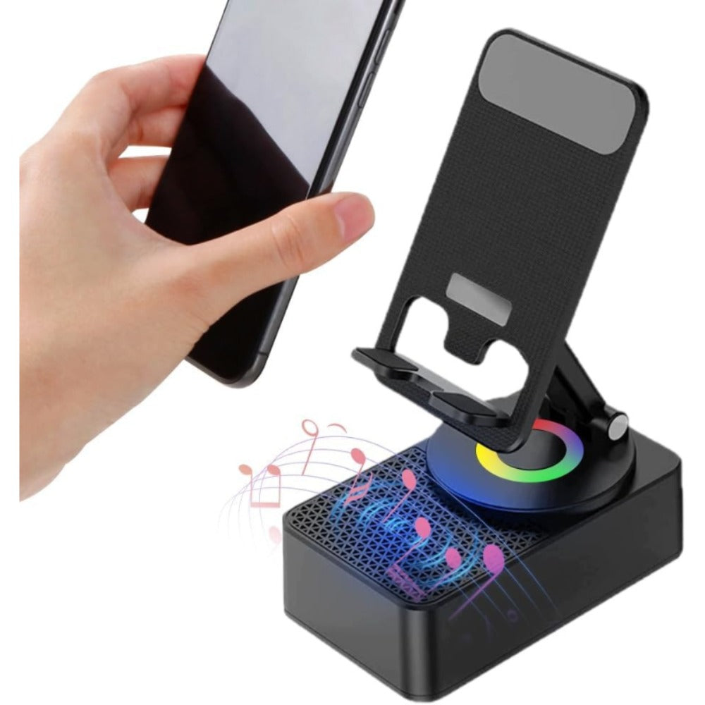 Induction Wireless Speaker Phone Holder Stand 3-in-1 – Foldable Tabletop Mount with Stereo Bass Amplifier, High-Capacity Emergency Battery, Compatible with iPhone & Android Tablets and Smartphones