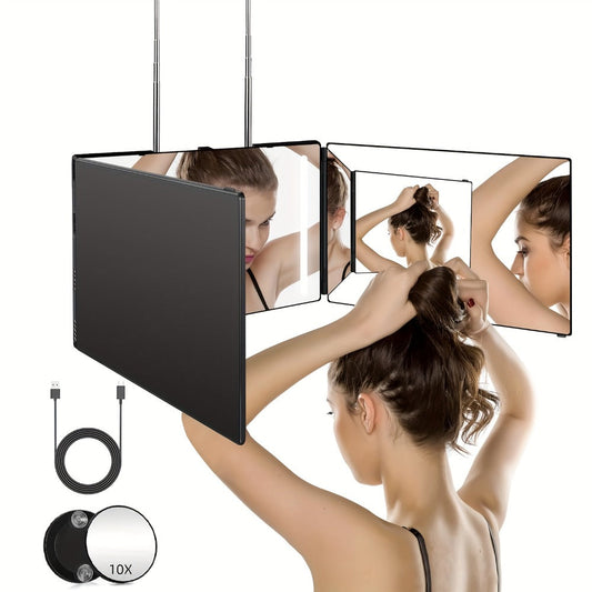 Hair Cutting Mirror 3 Way with LED Light - 360° View Trifold Barber Mirror, Adjustable Height, Door Hang Wall Mount or Tabletop, USB Rechargeable, Anti-Fog HD Glass, Self Hair Cut Mirror Black