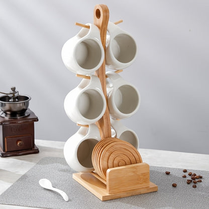 Ceramic Coffee Cup Set of 6 with Wooden Coasters & Cup Holder, 200ml Latte Cappuccino Espresso Tea Mugs