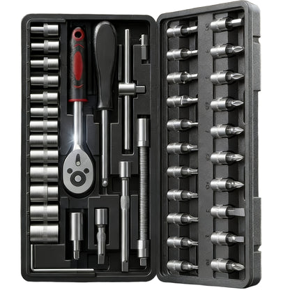 Torx Star Bit Socket Set 34/46-Piece - 3/8" Drive CR-V E-Socket E4-E20, T10-T60, Tamper-Proof TT10-TT55, S2 Steel, 5/16"F to 3/8"M Adapter, Storage Case - For Car, Truck & Home Improvement
