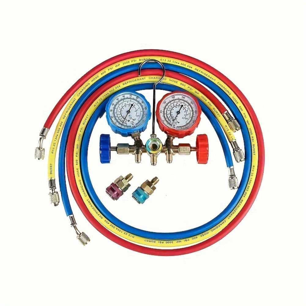 AC Manifold Gauge Set 3-Way with Color-Coded Hoses & Adapters for R134A R22 R12 R404A - HVAC Diagnostics A/C Recharge Leak Detection 0-500 PSI