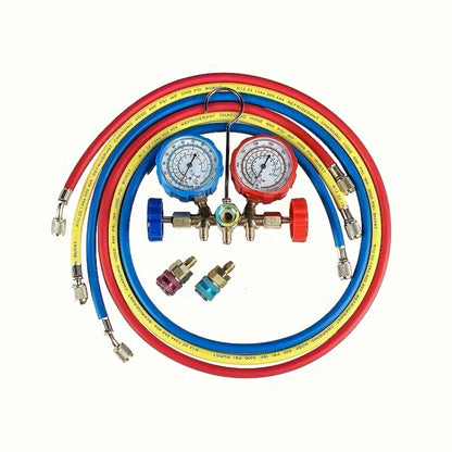 AC Manifold Gauge Set 3-Way with Color-Coded Hoses & Adapters for R134A R22 R12 R404A - HVAC Diagnostics A/C Recharge Leak Detection 0-500 PSI