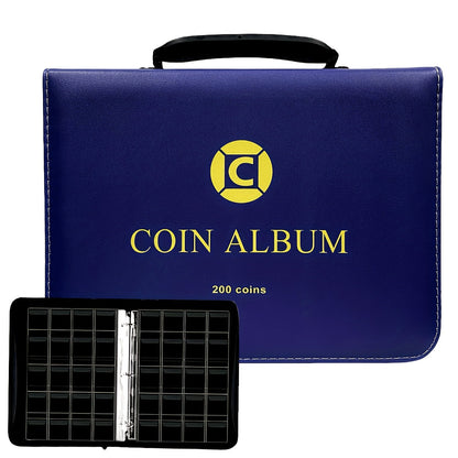 200-Pocket Coin Collection Album with 10 Pages, Zipper Handle and Black or Blue Cover for Adult Collectors