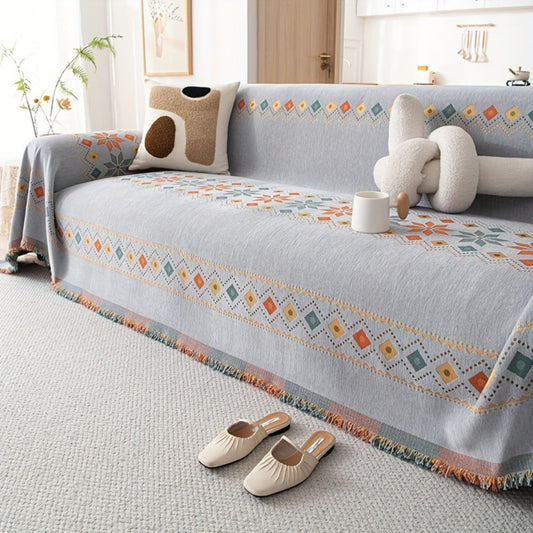 Sofa Cover Bohemian Embroidered Chenille Knit Throw with No Padding in Four Sizes and Five Colors