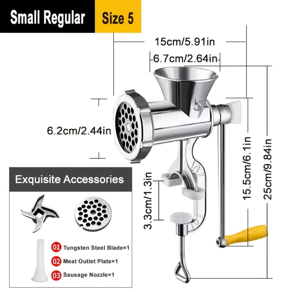 Size 5 Manual Meat Grinder with Table Clamp, Hand Crank, Cutting Plate, Blade and Sausage Nozzle