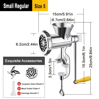Size 5 Manual Meat Grinder with Table Clamp, Hand Crank, Cutting Plate, Blade and Sausage Nozzle