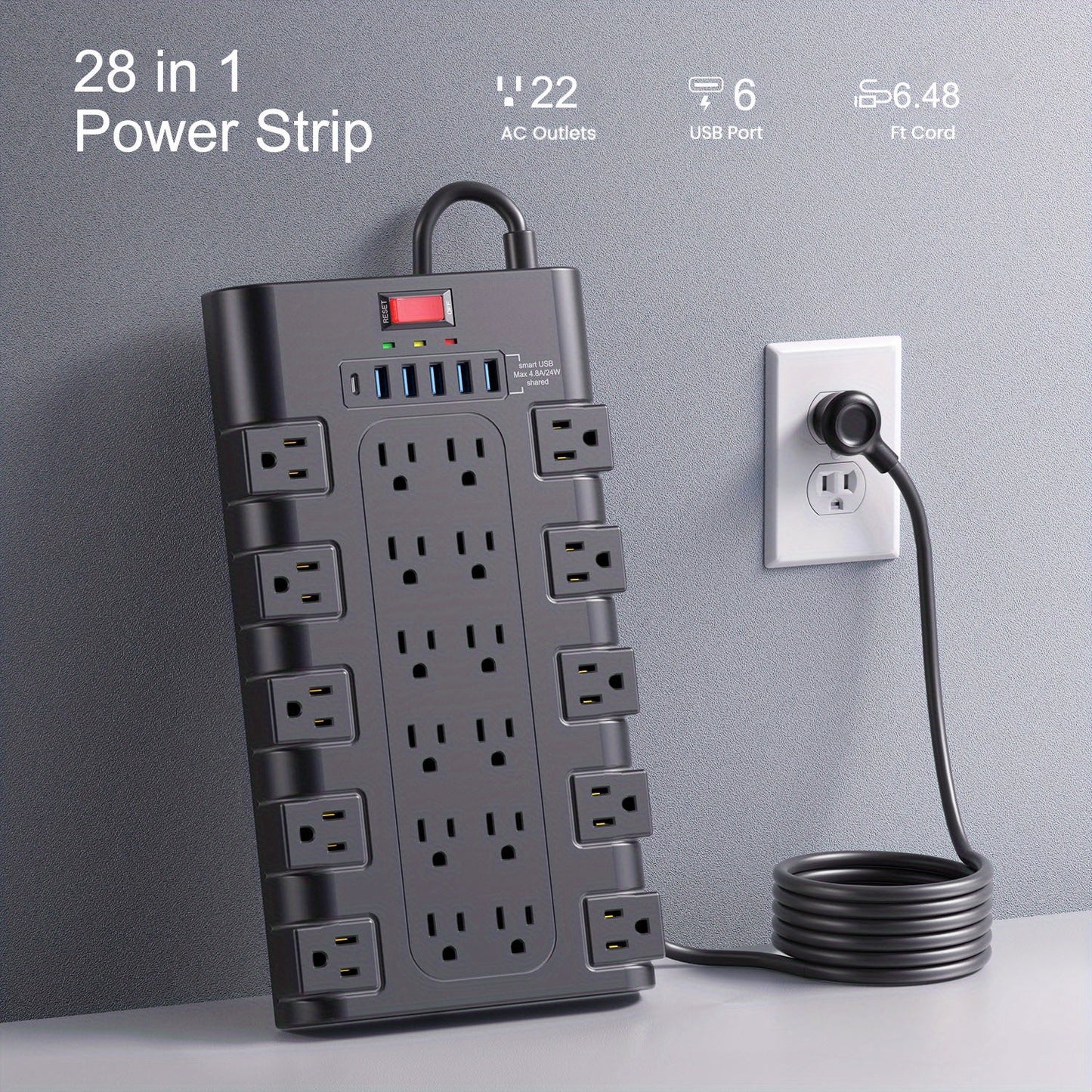 Power Strip 28-in-1 Surge Protector with 22 Widely Spaced AC Outlets, 5 USB-A, 2 USB-C and 2100J Rating