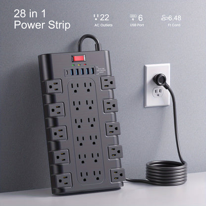 Power Strip 28-in-1 Surge Protector with 22 Widely Spaced AC Outlets, 5 USB-A, 2 USB-C and 2100J Rating